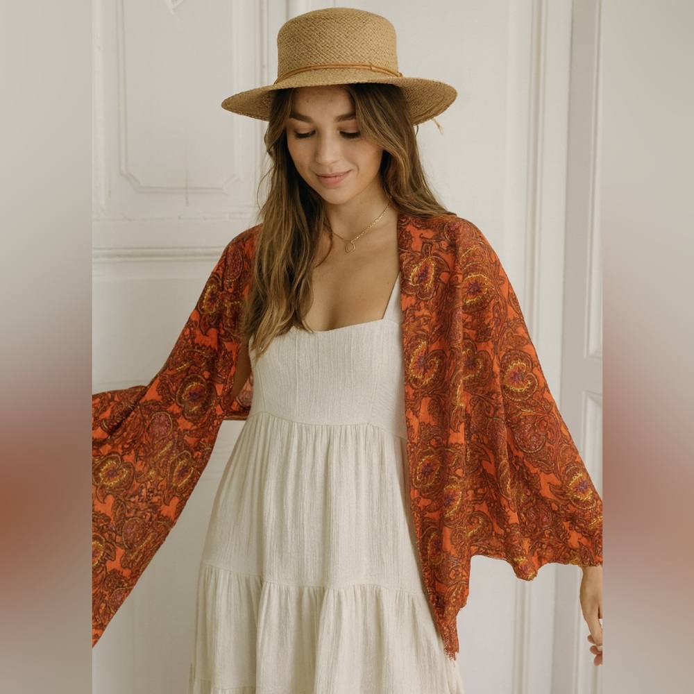 Boho Orange Paisley Kimono Wrap - Women's Scarf & Cover-Up